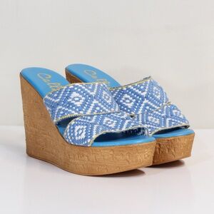 Callisto Womens Sunbright Slip On Blue White Woven Knit Wedge Sandals NWT